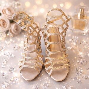 Women’s Rhinestone Party Heeled Sandals (Champagne)  - Size 8